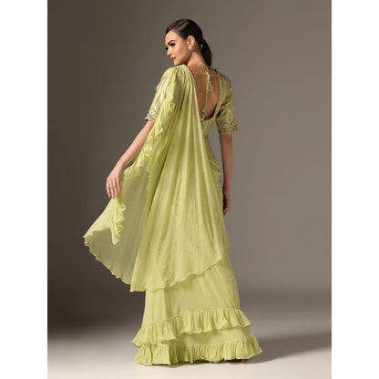 YASHODHARA Jade Chiffon Mughal Sequined Blouse with Saree