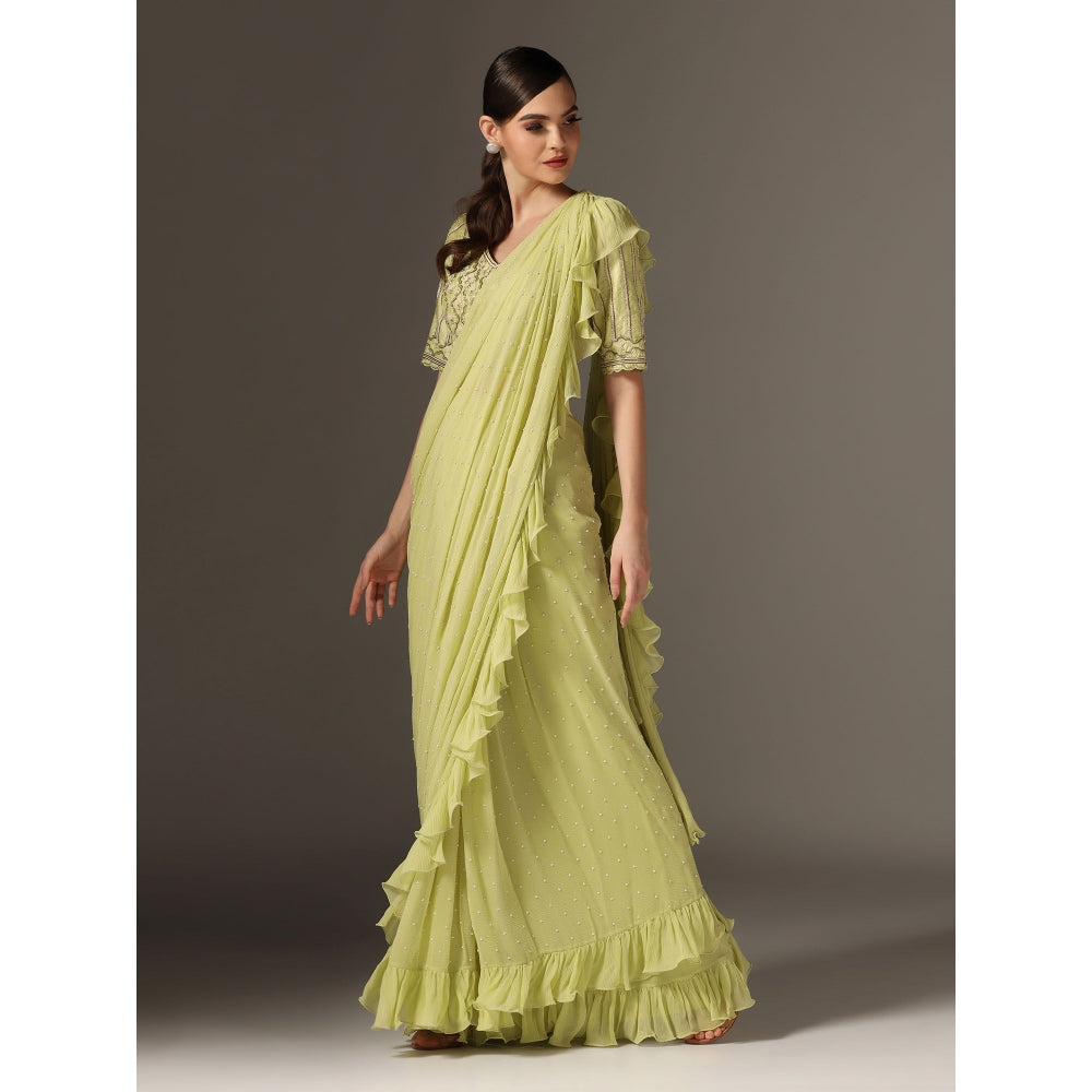 YASHODHARA Jade Chiffon Mughal Sequined Blouse with Saree