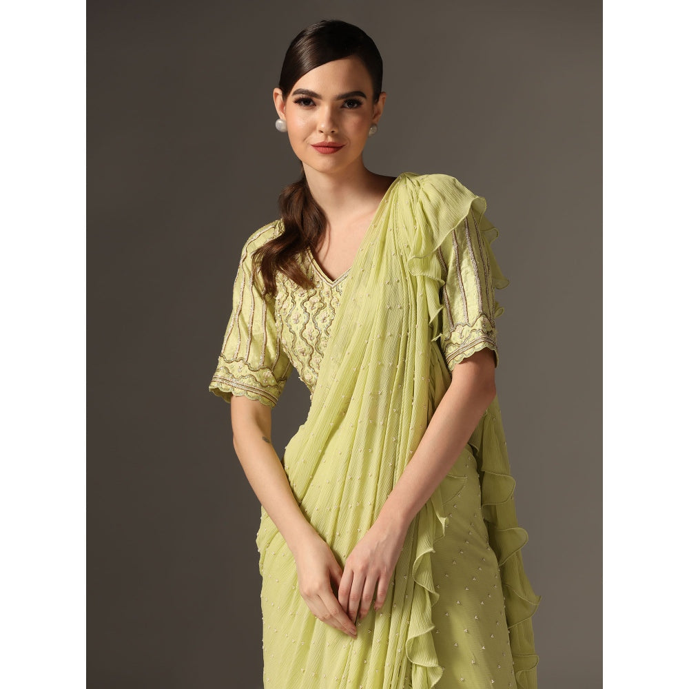 YASHODHARA Jade Chiffon Mughal Sequined Blouse with Saree