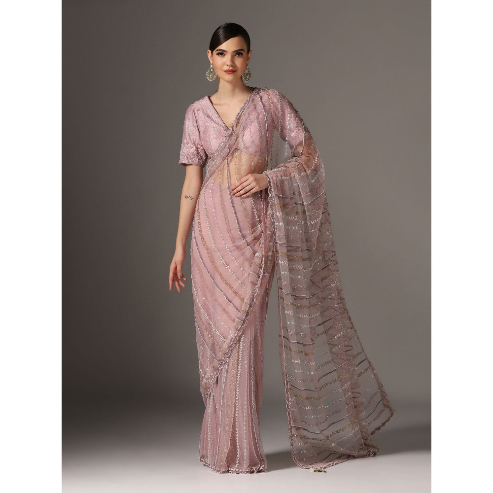 YASHODHARA Purple Net Sequined Saree with Blouse