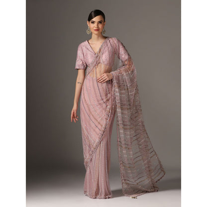 YASHODHARA Purple Net Sequined Saree with Blouse