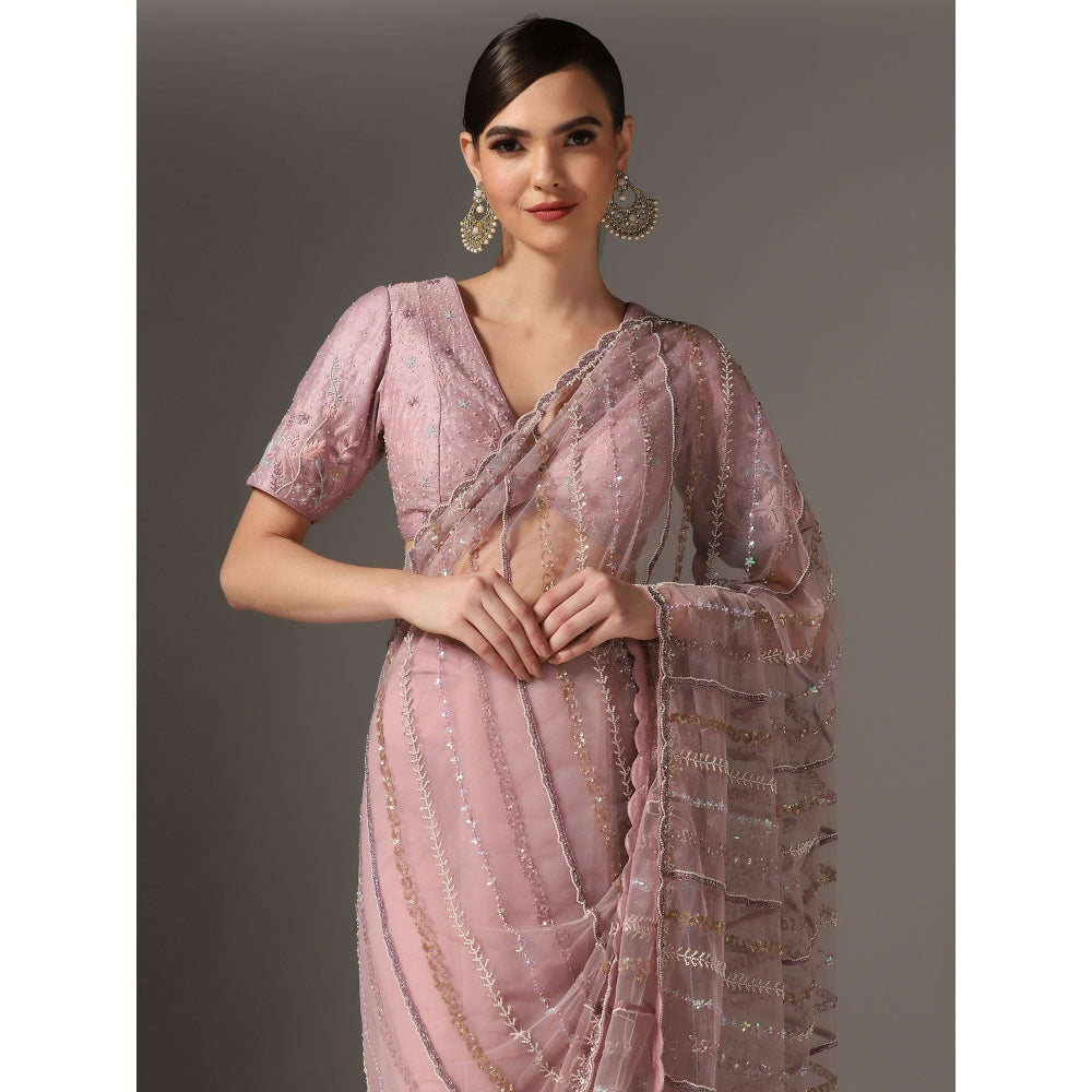 YASHODHARA Purple Net Sequined Saree with Blouse