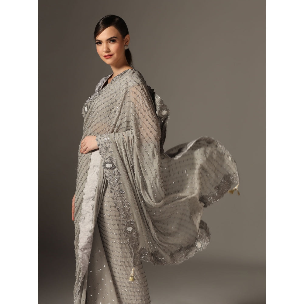 YASHODHARA Grey Chiffon Saree with Sequined Blouse