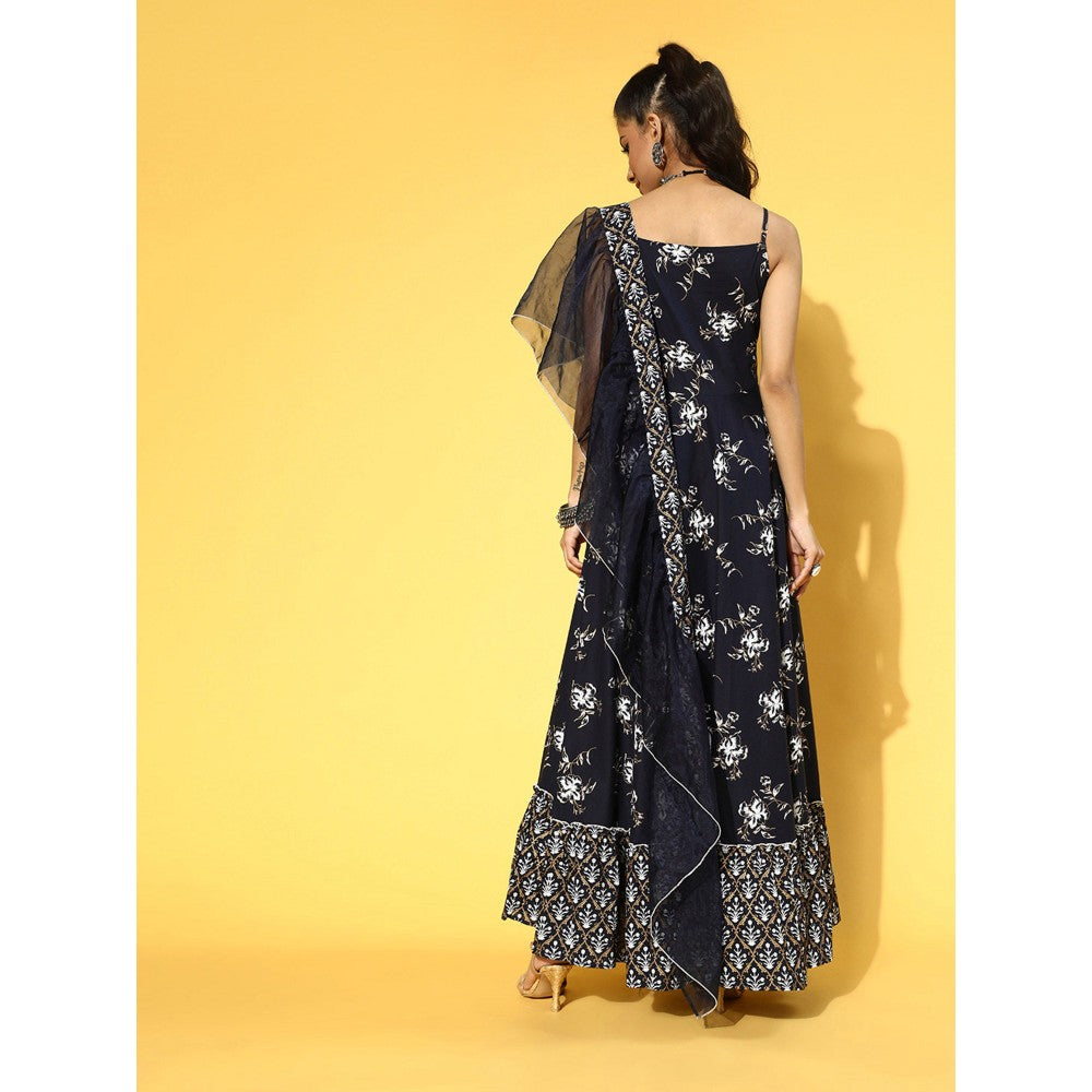 Yufta Navy Blue & White Ethnic Motifs Shoulder Straps Ruffles Dupatta Maxi Dress (Set of 2)