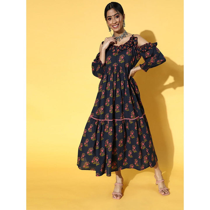 Yufta Navy Blue & Pink Cotton Floral Print Midi Fit Flare Dress