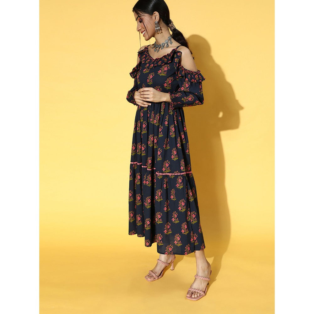 Yufta Navy Blue & Pink Cotton Floral Print Midi Fit Flare Dress