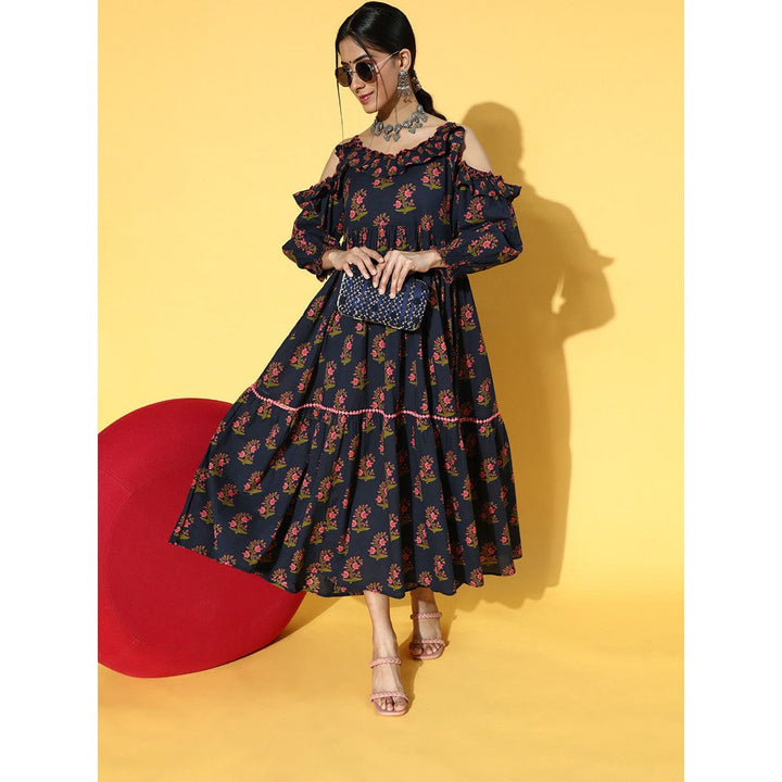 Yufta Navy Blue & Pink Cotton Floral Print Midi Fit Flare Dress