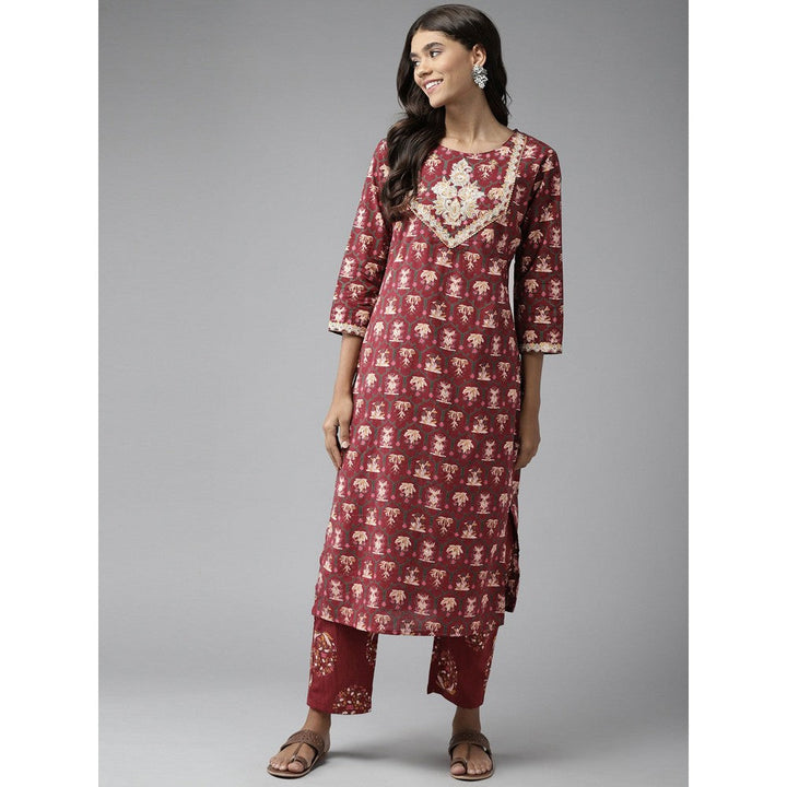 Yufta Women Maroon Embroidered Cotton Kurta with Palazzo (Set of 2)