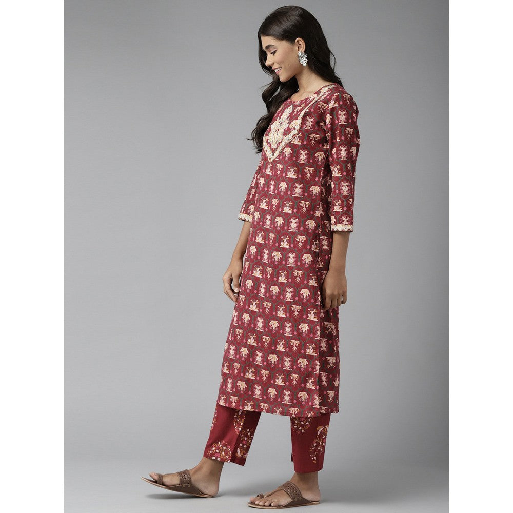 Yufta Women Maroon Embroidered Cotton Kurta with Palazzo (Set of 2)