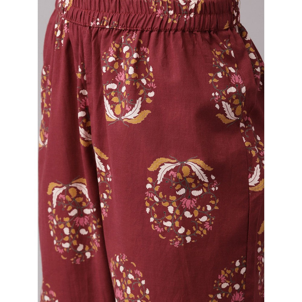 Yufta Women Maroon Embroidered Cotton Kurta with Palazzo (Set of 2)