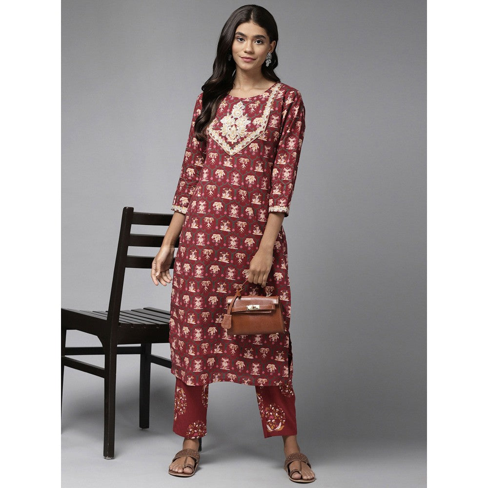 Yufta Women Maroon Embroidered Cotton Kurta with Palazzo (Set of 2)