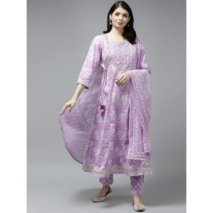 Yufta Women Lavender Floral Print Bijia Lace Cotton Kurta With Trouser And Dupatta (Set of 3)