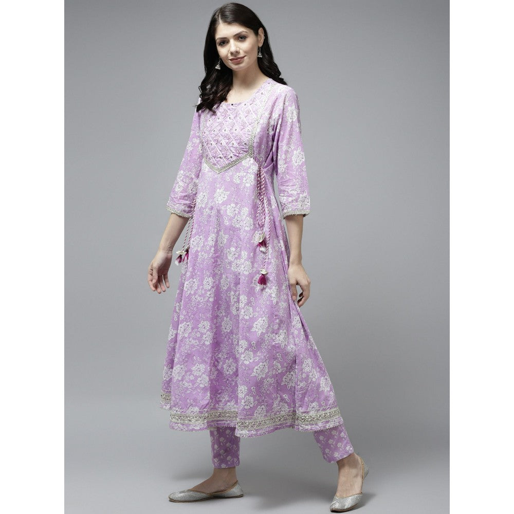 Yufta Women Lavender Floral Print Bijia Lace Cotton Kurta With Trouser And Dupatta (Set of 3)