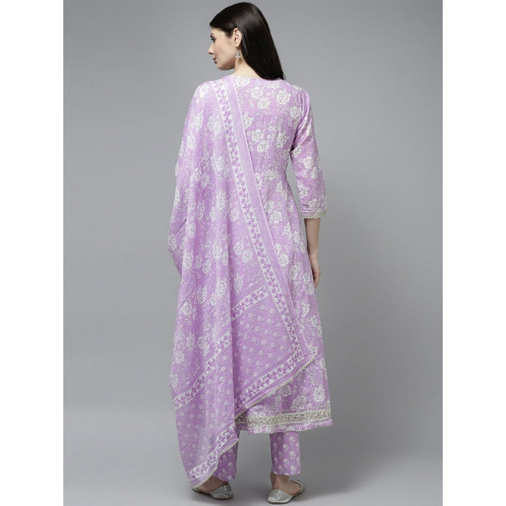 Yufta Women Lavender Floral Print Bijia Lace Cotton Kurta With Trouser And Dupatta (Set of 3)