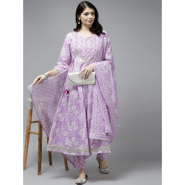 Yufta Women Lavender Floral Print Bijia Lace Cotton Kurta With Trouser And Dupatta (Set of 3)