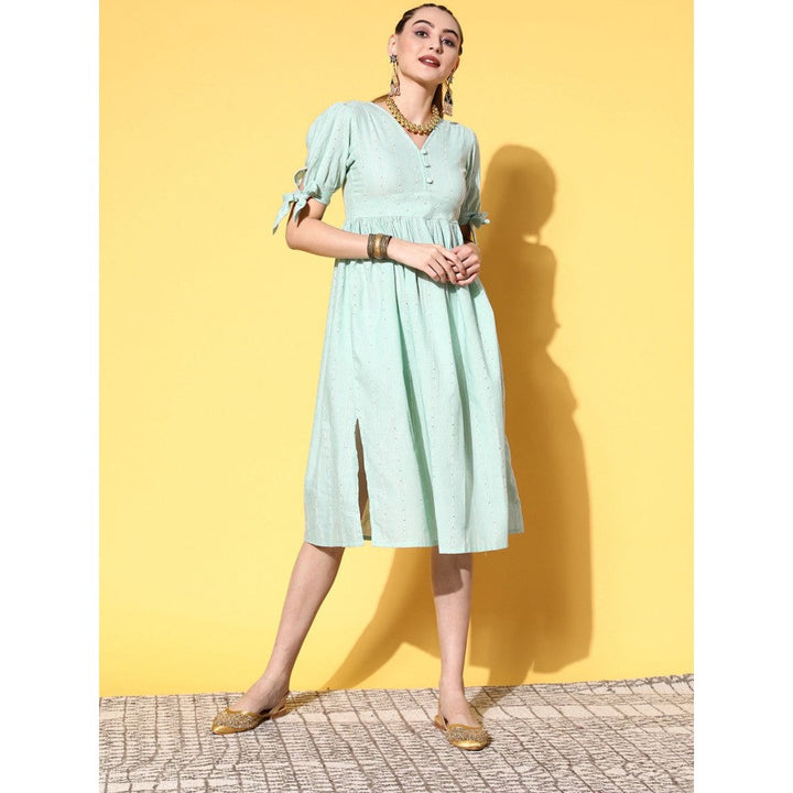 Yufta Women Sea Green Fabric Covered Buttons & Belted Detailing On Puff Sleeves