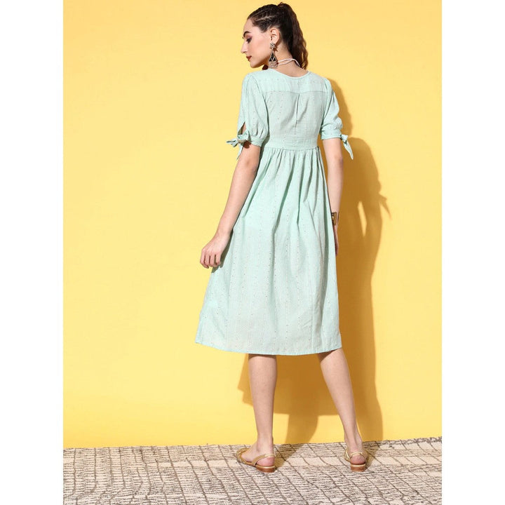 Yufta Women Sea Green Fabric Covered Buttons & Belted Detailing On Puff Sleeves