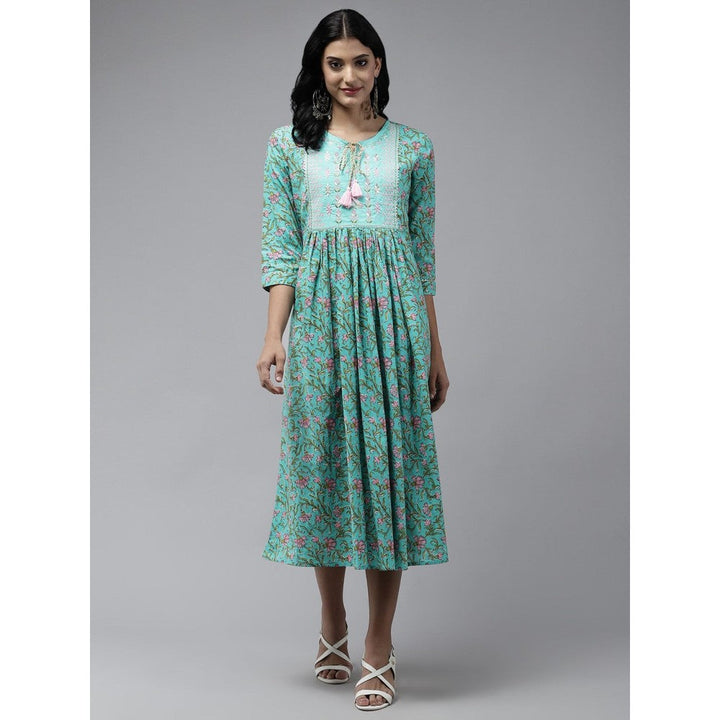 Yufta Women Sea Green Printed Cotton Embroidered A-Line Dress