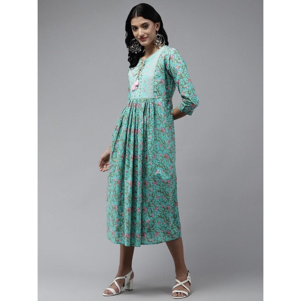 Yufta Women Sea Green Printed Cotton Embroidered A-Line Dress