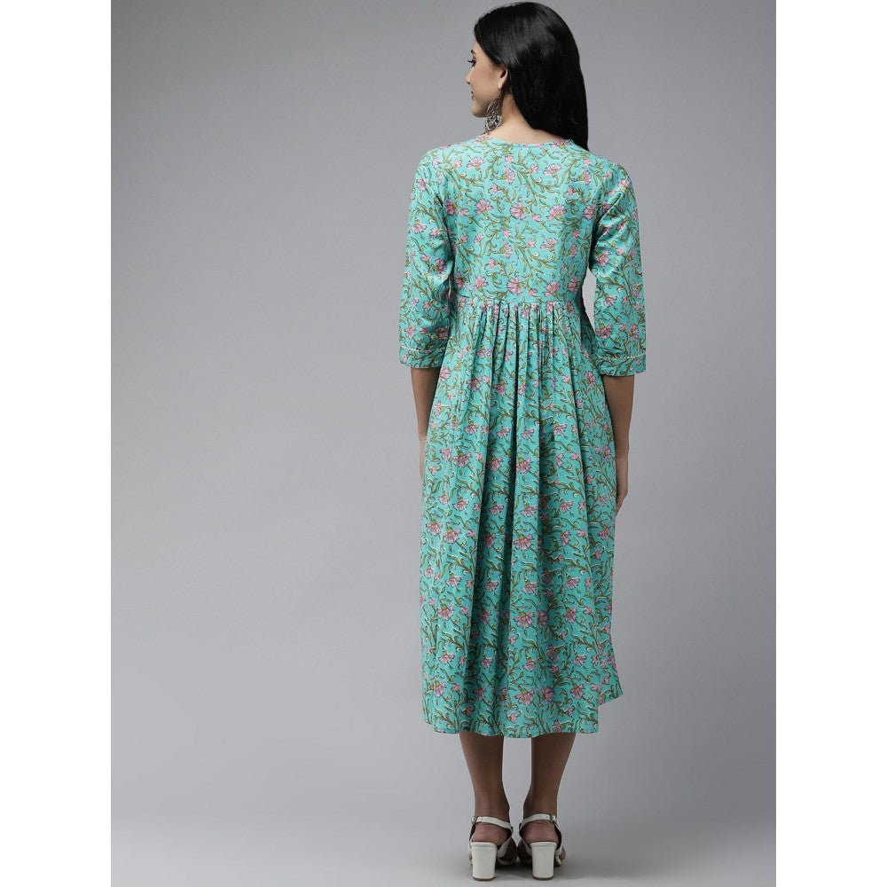 Yufta Women Sea Green Printed Cotton Embroidered A-Line Dress