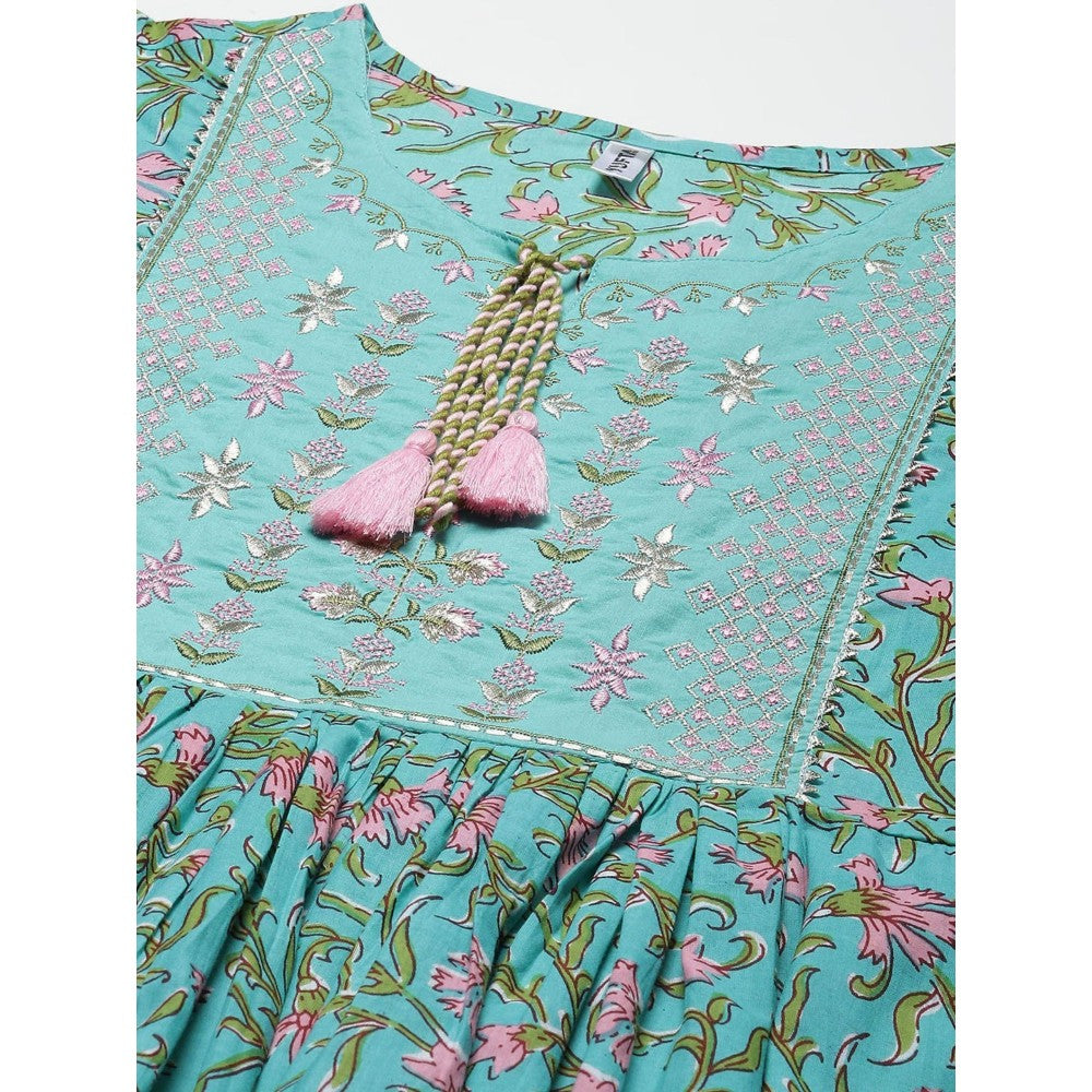 Yufta Women Sea Green Printed Cotton Embroidered A-Line Dress