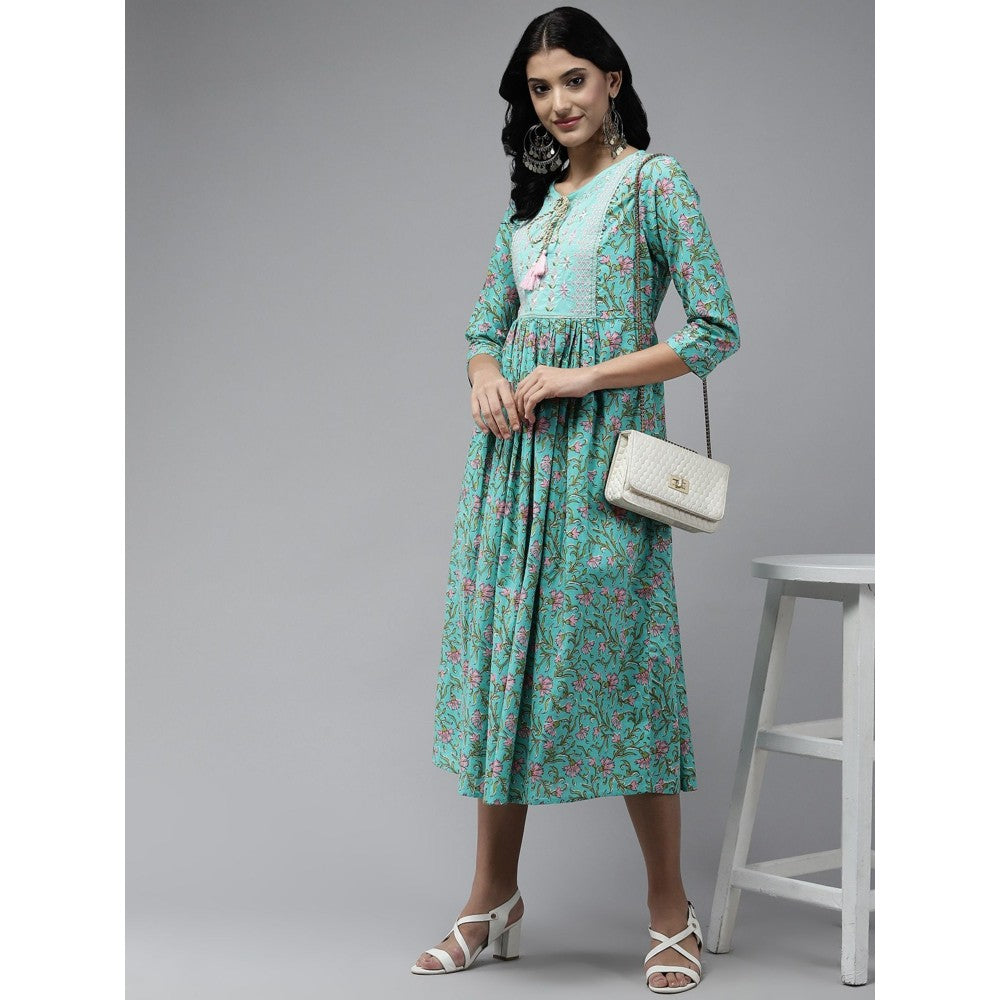 Yufta Women Sea Green Printed Cotton Embroidered A-Line Dress