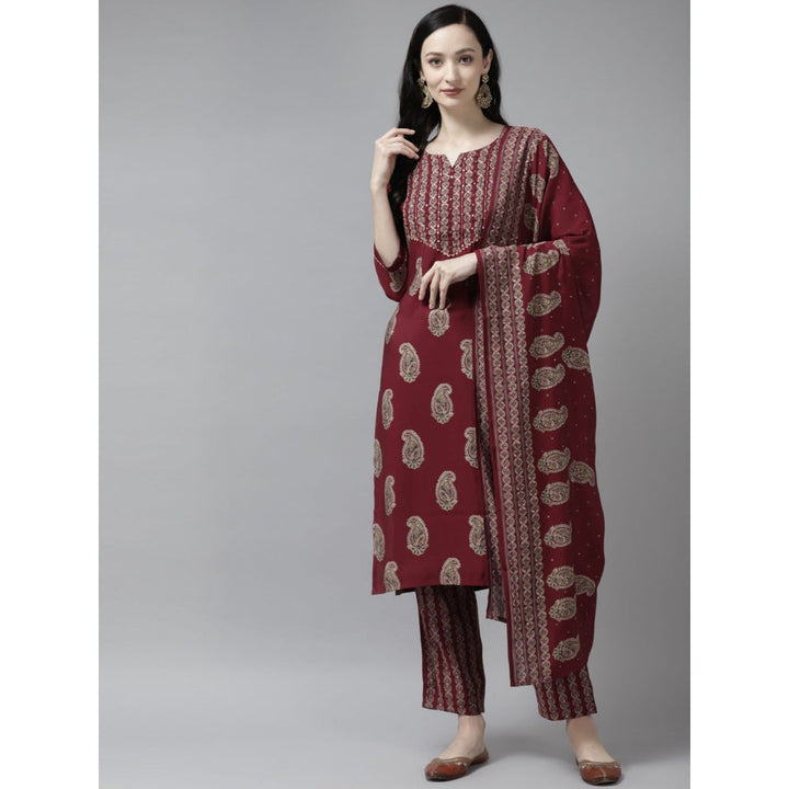 Yufta Women Maroon Printed Straight Kurta Trouser and Dupatta (Set of 3)