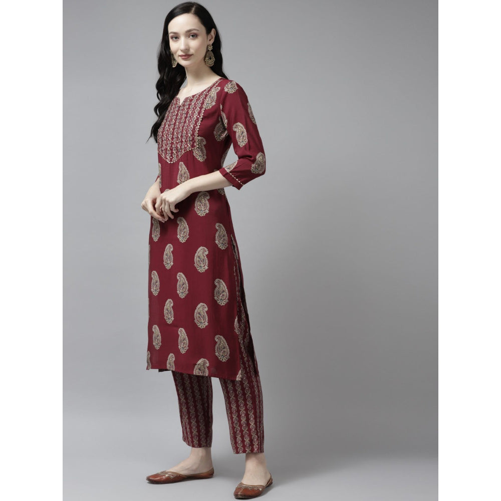 Yufta Women Maroon Printed Straight Kurta Trouser and Dupatta (Set of 3)