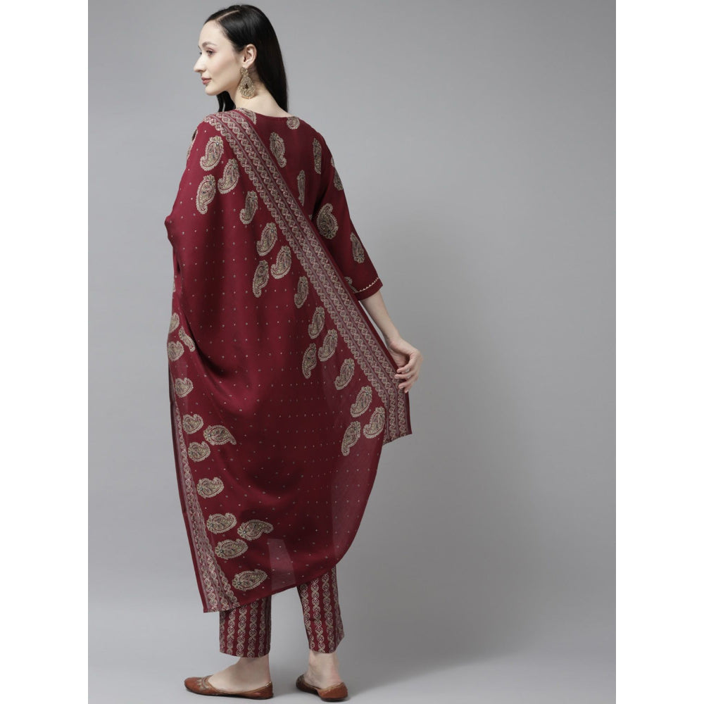 Yufta Women Maroon Printed Straight Kurta Trouser and Dupatta (Set of 3)