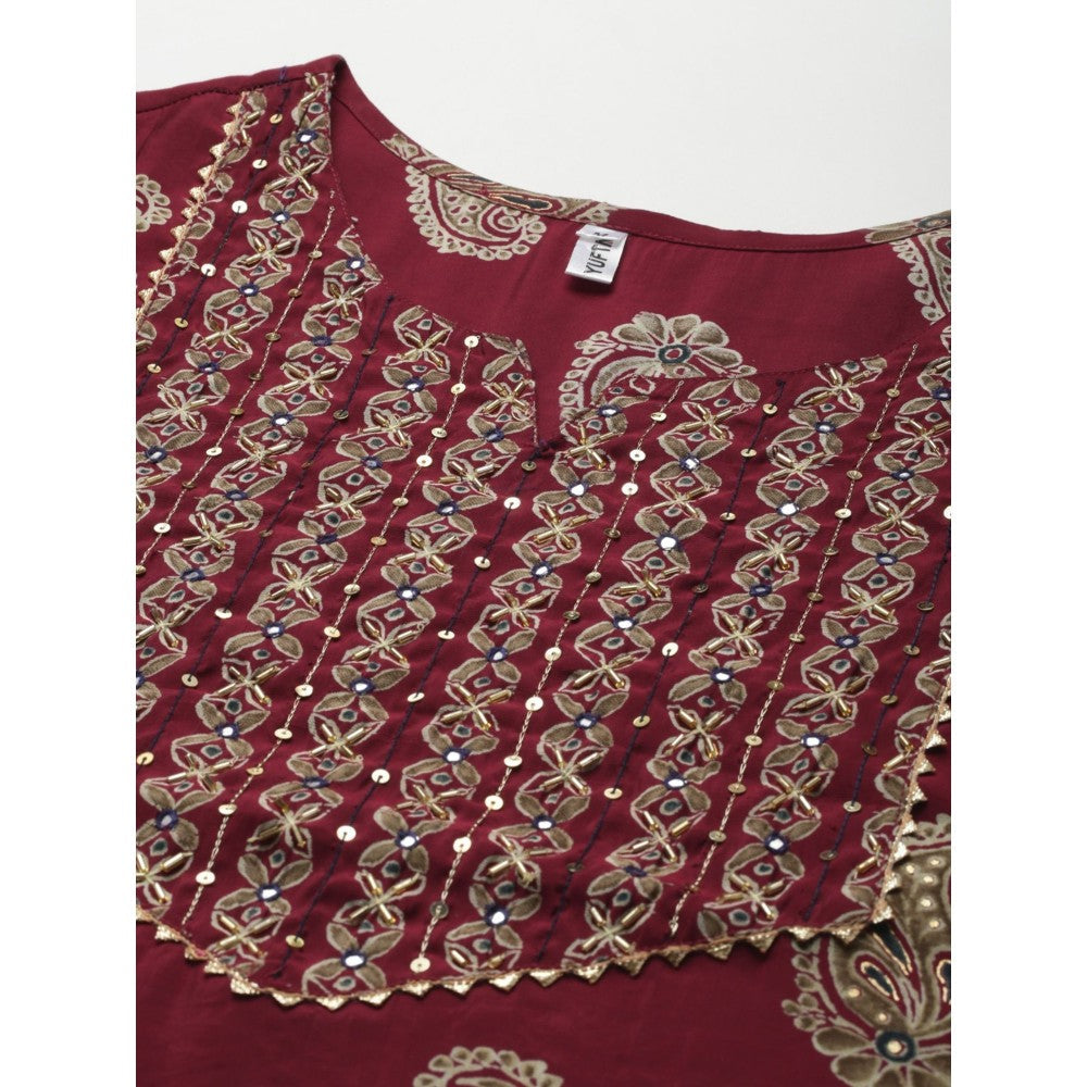 Yufta Women Maroon Printed Straight Kurta Trouser and Dupatta (Set of 3)