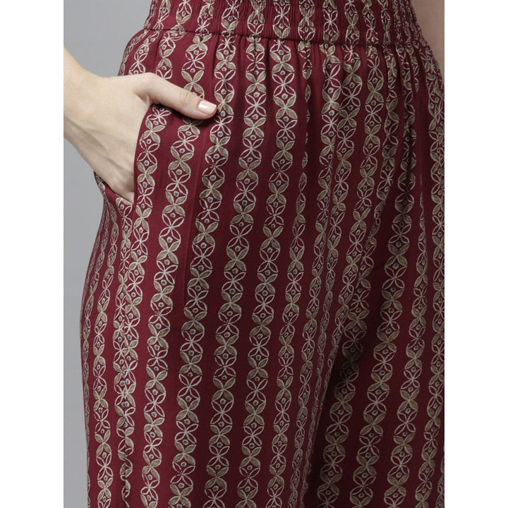 Yufta Women Maroon Printed Straight Kurta Trouser and Dupatta (Set of 3)