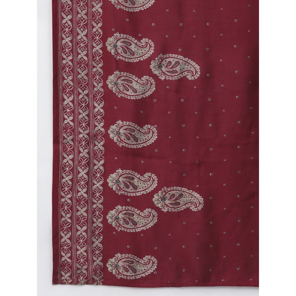 Yufta Women Maroon Printed Straight Kurta Trouser and Dupatta (Set of 3)