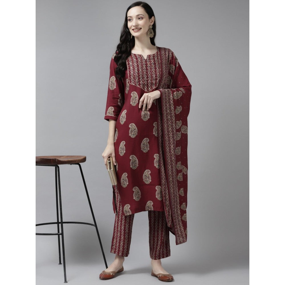 Yufta Women Maroon Printed Straight Kurta Trouser and Dupatta (Set of 3)