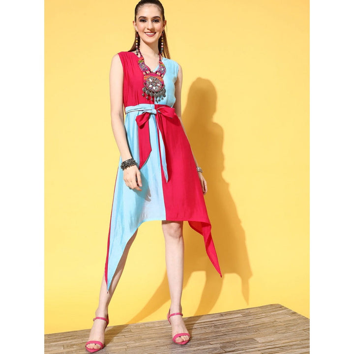 Yufta Women Pink and Blue Colorblock A-Line Dress with Belt (Set of 2)