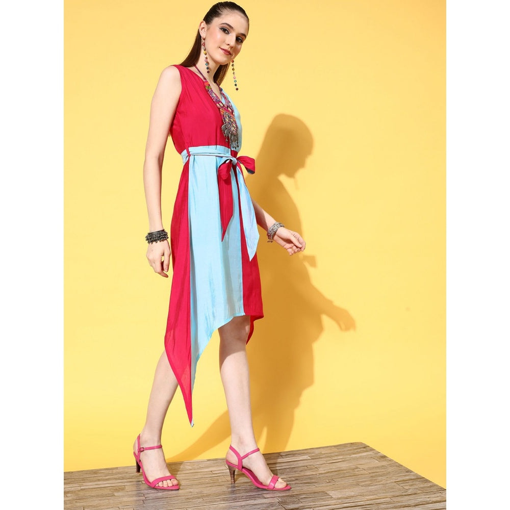 Yufta Women Pink and Blue Colorblock A-Line Dress with Belt (Set of 2)