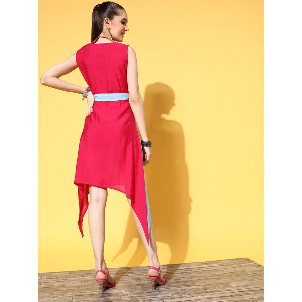 Yufta Women Pink and Blue Colorblock A-Line Dress with Belt (Set of 2)