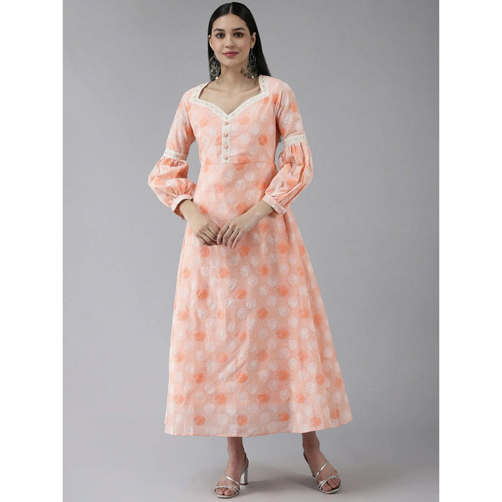 Yufta Women Peach Rubber Print Embroidered Lace Poly-Blend Maxi Dress