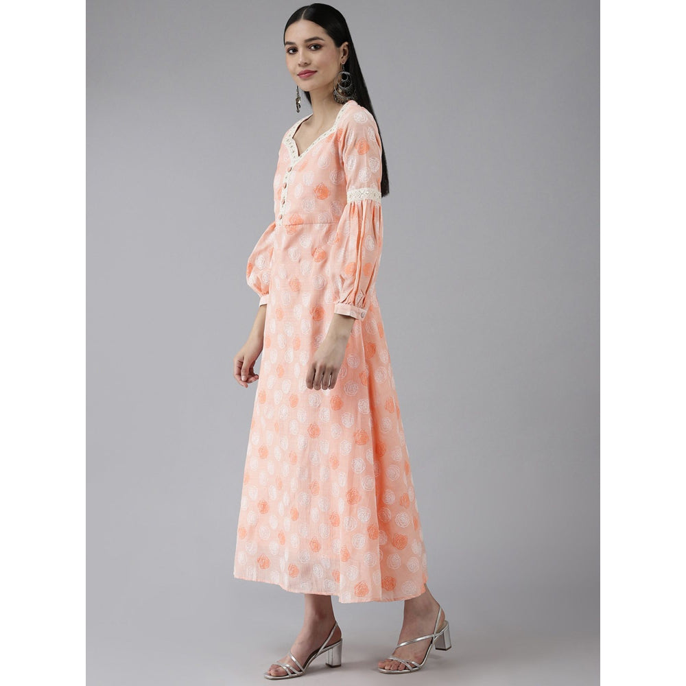 Yufta Women Peach Rubber Print Embroidered Lace Poly-Blend Maxi Dress