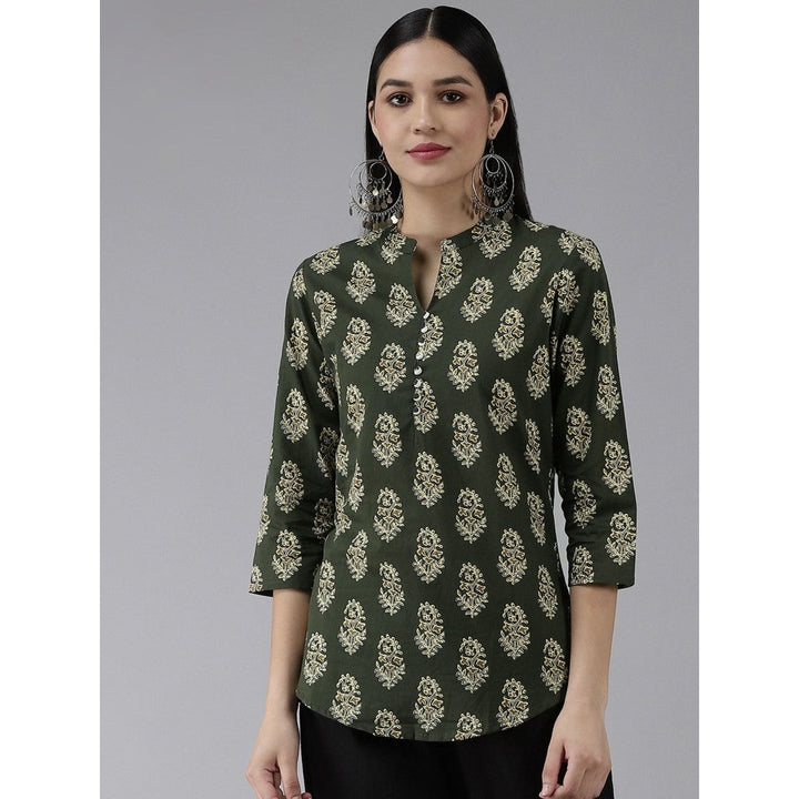 Yufta Women Green Screen Print Potli Buttons Regular Top