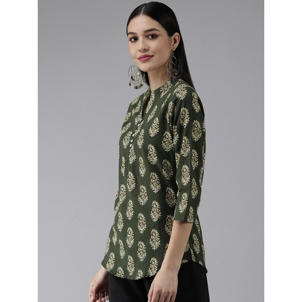 Yufta Women Green Screen Print Potli Buttons Regular Top