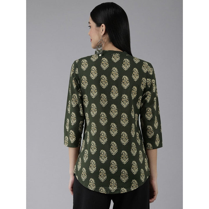 Yufta Women Green Screen Print Potli Buttons Regular Top