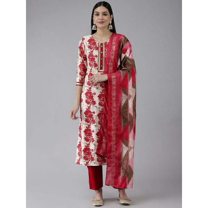 Yufta Women Red Printed Straight Kurta Trouser and Dupatta (Set of 3)