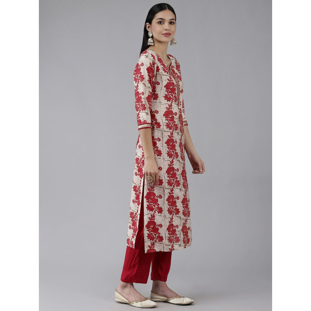 Yufta Women Red Printed Straight Kurta Trouser and Dupatta (Set of 3)