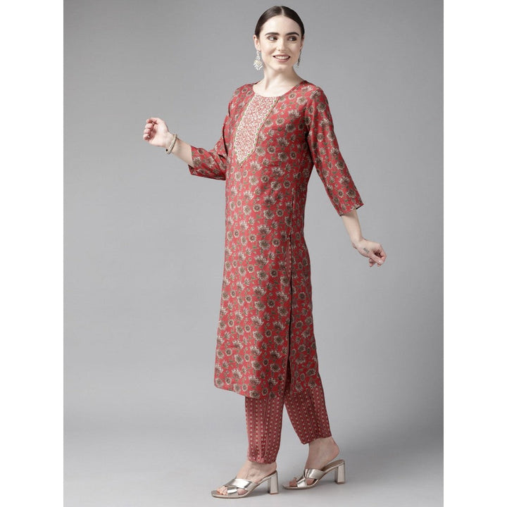 Yufta Women Red Printed Straight Kurta Trouser and Dupatta (Set of 3)