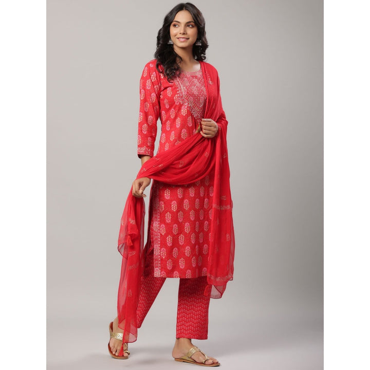 Yufta Women Red Embroidered Block Print Kurta with Trouser and Dupatta (Set of 3)