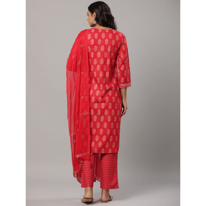 Yufta Women Red Embroidered Block Print Kurta with Trouser and Dupatta (Set of 3)