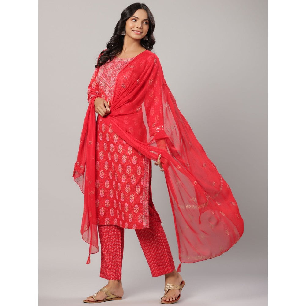 Yufta Women Red Embroidered Block Print Kurta with Trouser and Dupatta (Set of 3)