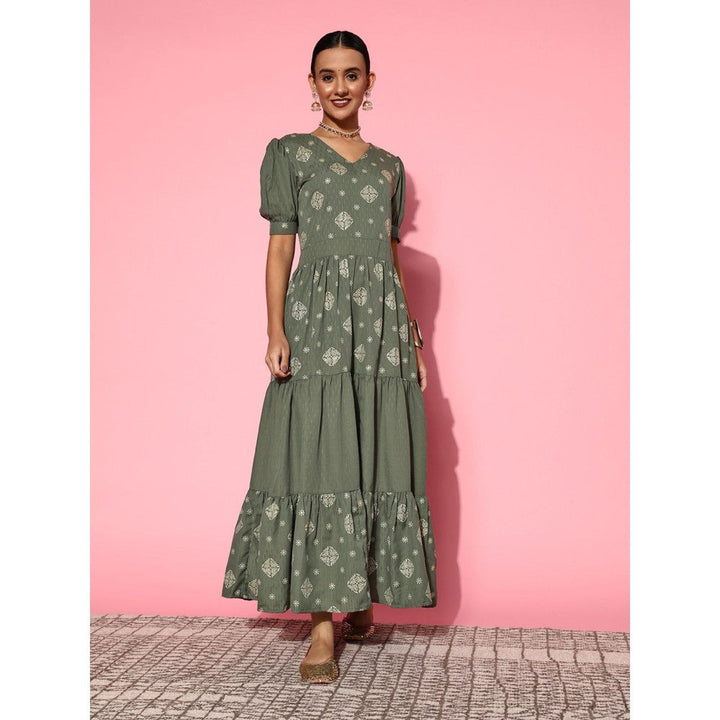 Yufta Olive Printed Dobby Tiered Dress