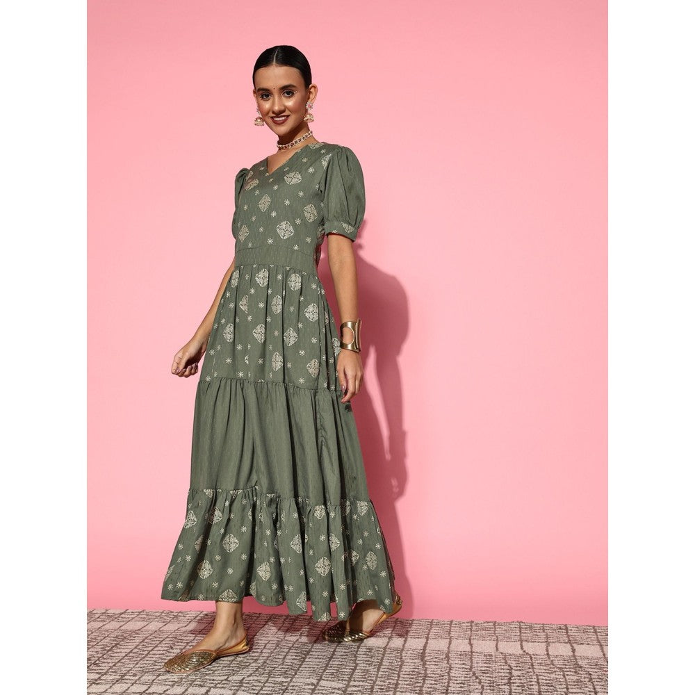 Yufta Olive Printed Dobby Tiered Dress