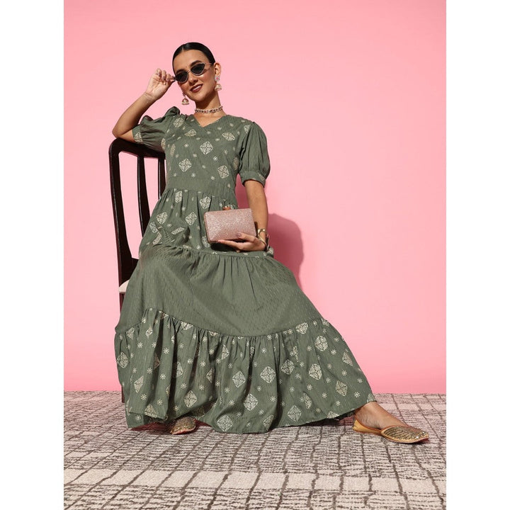 Yufta Olive Printed Dobby Tiered Dress